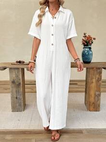 EMERY ROSE Áo sơ mi jumpsuit nữ màu trơn tay ngắn, vạt cài nút nửa thân, phong cách casual cho đi du lịch - trắng - Xem 4