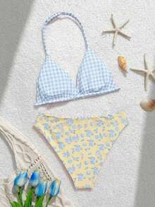 SHEIN Tween Girls Yellow Background With Pink Ditsy Floral Reversible Double-Fabric Swimwear Set For Girls, Suitable For Beach Vacation, Holiday, Swimming, Pool Party - Yellow - View 2