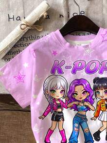 少女休閒簡約卡通女團印花 K-Pop 超級巨星短袖T恤與短褲兩件組，適合夏季 - 彩色 - 查看 5