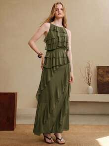 Arave Elegantes langes Damenkleid aus gewebtem Chiffon mit Boot-Ausschnitt, tailliertem Schnitt, Rüschen und Patchwork-Design für Dates - Armeegrün - Übersicht 3