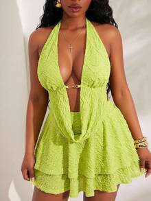 SHEIN SXY Plus-Size Light Green Textured High-Elastic Knit Draped Neckline Backless Camisole Top And High-Waist Short Skirt Two-Piece Set.Beach Vacation - Green - View 8