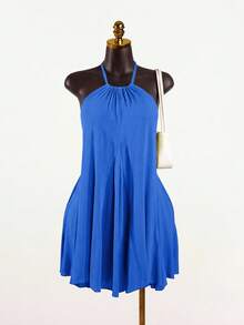 SaltGleam SaltGleam Women's Solid Color Halter Neck Tie Back Open Back Ruched Sexy Date Mini Dress - Blue - View 3