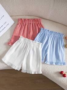 SHEIN Genkimix Kids 3件組女童幼兒韓系簡約英文標語裝飾荷葉邊短褲 紅色格紋、藍色條紋、白色組合 夏季休閒套裝 - 彩色 - 查看 2