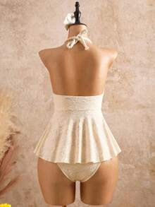 Bellisia Women's Sexy Vacation Strapless Special Fabric Braided Rope Push-Up High-Cut Tankini Swimwear Set - Beige - View 2