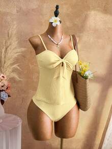 Mistrie New Yellow Bow Tie Bandeau Two Pieces Bikini Set, Sexy Cute Beach Vacation Swimsuit Summer - Multicolor - View 3