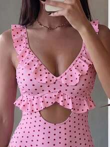 Swim Mod 2026 Spring/Summer New Leopard Print Random Pattern Thin Shoulder Strap Adjustable Lace Trim V-Neck Vacation Women's One-Piece Bikini Swimsuit - Multicolor - View 4