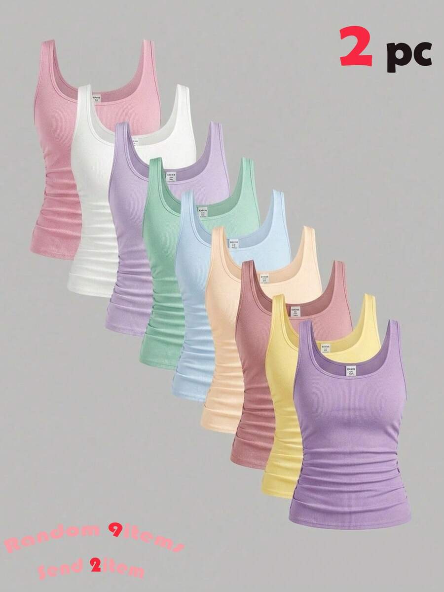 SHEIN Girlism 青少年女孩背心與吊帶上衣 2 件組 黑白配色 休閒大圓領 抽褶腰身 修身背心套裝,適合日常休閒、百搭、居家穿著 - 彩色 - 查看 1