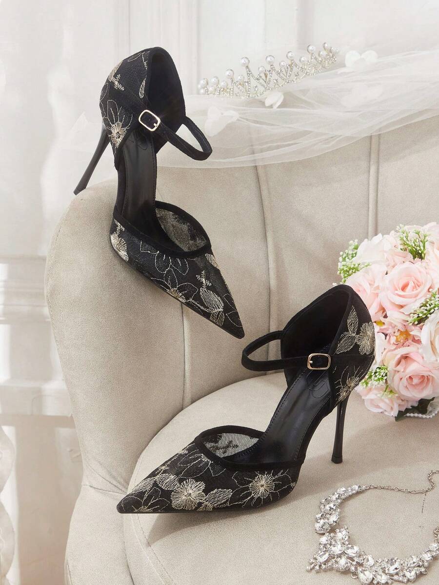 CUCCOO HITCHD Mesh Gold Thread Embroidered Pointed Back Empty Stiletto Sandals, New Chinese Style, Banquet High Heels - Black - View 1