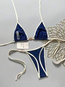 Bonvoyette Conjunto de bikini de triángulo con cuello halter sexy para mujer con accesorios de sol para vacaciones en la playa - Azul Marino - Ver 5