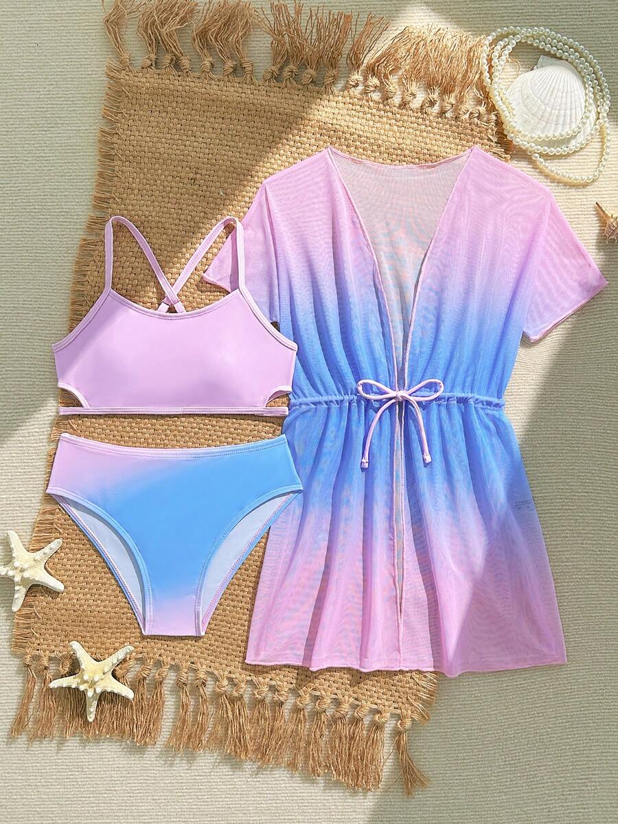 SHEIN 女童3件式分體泳裝套裝,粉藍漸層印花,休閒版型,附網紗罩衫,適合海灘、度假、出遊、沙灘、夏季 - 彩色 - 查看 1