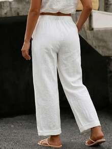 EMERY ROSE Plus Size Women Casual Cotton Solid Color Pants With Pockets Fall - White - View 2