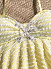 SHEIN Tween Girl Patchwork Striped Sweet Halter Neck Tank Top And Triangle Bikini Bottom Swimsuit Set - Yellow - View 4