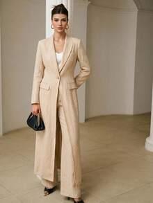 ZEYLAH 100% Linen Long Trench Coat, Elegant For Spring And Summer - Beige - View 5