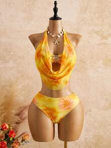 Bellisia 26SS Spring/Summer Vacation Romantic Yellow Orange Floral Print Swimsuit Set With Skirt 3 Pieces Set - Yellow - View 3