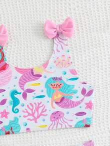 SHEIN Young Girl Beach Vacation Cartoon Mermaid Print Bow Decor Swimsuit Set - Pink - View 5
