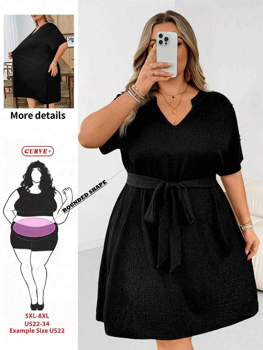 SHEIN CURVE+ Đầm nữ size lớn màu trơn cổ chữ V tay ngắn phong cách thường ngày, trang phục mùa xuân cho nữ, trang phục mùa hè cho nữ, quần áo mùa hè, trang phục Lễ Phục sinh cho nữ, thời trang phương Tây cho nữ, trang phục mùa hè cho nữ, đầm tốt nghiệp, đầm mùa hè - màu đen - Xem 1
