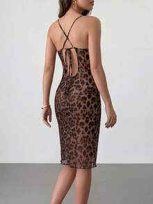 Rafferiza Women's Backless Hollow Out Strappy Leopard Print Nightgown, Draped Neck See-Through Homewear Dress - Multicolor - View 2