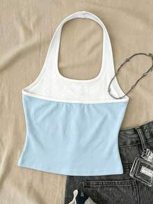 Tween Girls Blue Long Casual Halter Neck Top, Fitted Tank Top Suitable For Summer - White - View 3