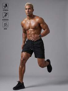 Acti Log Manfinity Sport Corelite 男士字母图案拉链口袋运动弹力短裤，男士慢跑裤，印有“我爱我的男友”字样，男士健身黑色短裤，轻便 - 黑色 - 查看 3
