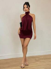 SHEIN PETITE 女款休閒酒紅色迷你洋裝，無袖掛脖設計，抓皺貼身針織布料，純色，適合小碼女性 - 酒紅色 - 查看 5