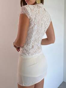 Opulessa Women's Stand Collar Floral Pattern Lace Casual Versatile Daily Outing Blouse - White - View 6