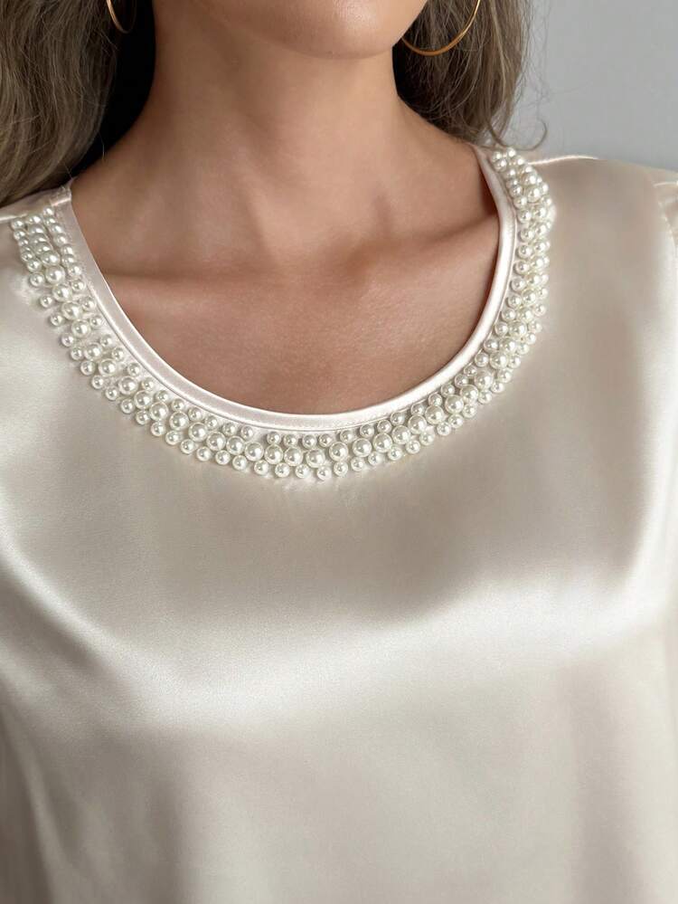 Women's Floral Pattern Beaded Round Neck Petal Sleeve Blouse