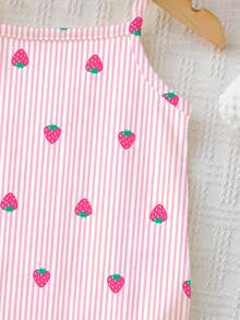 SHEIN Baby Girl Casual Simple Cute Pink & White Striped With Polka Dot Strawberry Pattern, Camisole Romper Shorts Suitable For Spring/Summer, Blind Box, Multi-Piece Set, Graphic, Kawaii, Cozy, Vintage, Chill Chill, Y2K, Squishy - Multicolor - View 6