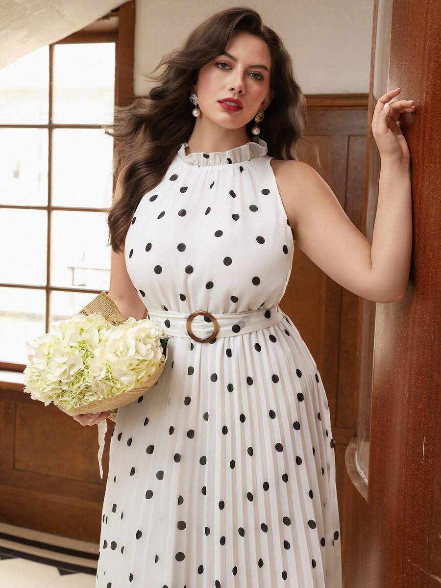 SHEIN Clasi Summer Polka Dot Halter Neck Pleated Midi Length Black ...