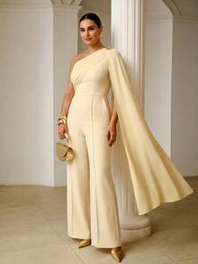ZEYLAH Plus Size Women's Spring/Summer Asymmetrical Shoulder Ribbon Wide Leg Flare Jumpsuit - Light Yellow - View 5