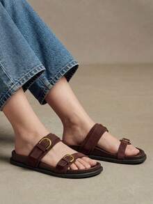 Solecia Women's New Flat Sandals, Slip-On Sandals, Comfortable And Casual. - Coffee Brown - View 6