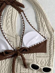 Swim Basics Women's Summer Beach Solid Color Knit Jacquard Fabric Shell Trim Halter Neck Back Tie Front Asymmetric Metal Decor Minimalist Fashion Casual Vacation Swimwear Top - Brown - View 4