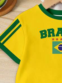 SHEIN 2件組青少年女孩活力陽光黃、金色星芒、黃金海岸、復古時尚綠色BRAZIL字母印花、對比領口、年輕女孩休閒極簡短袖修身圓領T恤搭配緊身短褲，適合春夏季日常穿著 - 彩色 - 查看 5