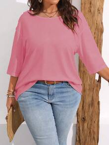 Plus Size Women's Solid Color Round Neck Dropped Shoulder 3/4 Sleeve Casual T-Shirt - Watermelon Pink - View 1