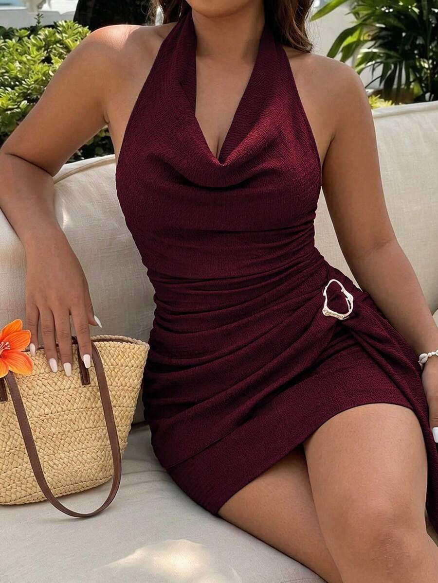 Sunnyshic Plus Size Burgundy Draped Neck Ruched Strap Metal Ring Sexy Dress - Burgundy - View 1