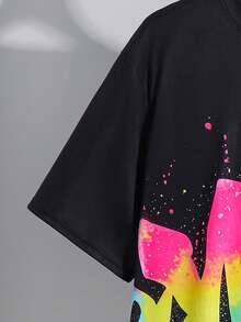 SHEIN 2件組青少年男孩休閒日常百搭舒適印花圓領寬鬆短袖T恤與短褲針織套裝，大尺寸T恤，男孩大尺寸T恤 - 彩色 - 查看 5