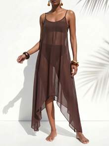 Zivah Women's Brown Long Strap Beach Cover-Up Dress, Featuring Bottom Collar And Asymmetrical Hem, Suitable For Various Occasions Including Music Festivals, St. Patrick's Day, Valentine's Day, Dates, Western Theme, And Nomad Style - Brown - View 9