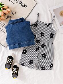 SHEIN Genkimix Kids 女童白色丹寧前開襟無袖背心外套，條紋花卉印花吊帶連身褲2件套，春秋兒童服飾 - 黑色 - 查看 2