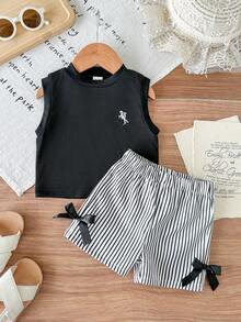 SHEIN Playful Pals 女嬰夏季杏色豹紋套裝 紋理無袖上衣 豹紋短褲 飾杏色蝴蝶結 日常出遊必備 - 黑色 - 查看 9