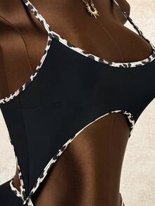 Swim Vcay Fashionable Resort Viral Leopard Print Drawstring One-Piece Swimsuit, Hot Selling For Spring/Summer - Black - View 7
