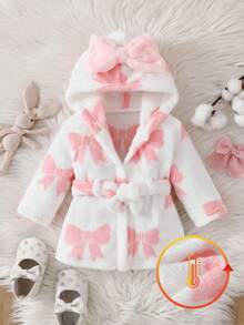 SHEIN 秋冬雙面法蘭絨蝴蝶結印花女嬰新生兒浴袍睡袍 - 粉色 - 查看 4