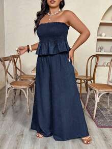 SHEIN CURVE+ Plus Size Women's Spring/Summer Vacation Style Crinkle Fabric Shirred Bandeau Top And Draped Wide Leg Pants 2-Piece Set - Navy Blue - View 6