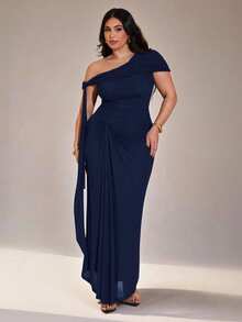 SHEIN BAE Plus Size Women's Coffee Brown Mesh Asymmetrical Asymmetrical Shoulder Dress, Elegant Valentine's Day Dress - Navy Blue - View 8