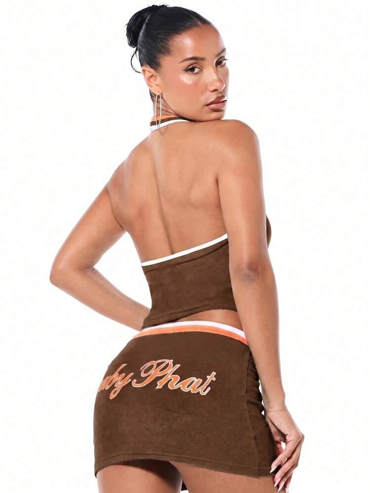 BABYPHAT Halter Neck Crop Top In Towelling Fabric With Logo Embroidery And Contrast Trim Detail