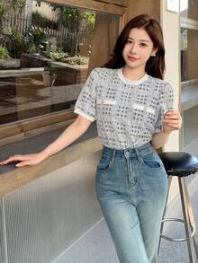 DAZY 春夏秋圓領短袖收腰灰色格紋粗花呢修身女款T恤 - 米色 - 查看 5