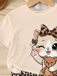 Summer Baby Girl Casual Multi-Piece Set, Brown & Apricot Leopard Print Cartoon Rabbit Pattern, Round Neck Short Sleeve T-Shirt & Shorts - Multicolor - View 3