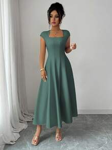 Elenzga Women's Spring/Summer French Elegant Commuter Beach Casual Vacation Style Music Festival Beer Festival Solid Color Square Neck Waist-Defining Structured Patchwork Voluminous A-Line Short Sleeve Midi Dress - Dark Green - View 5