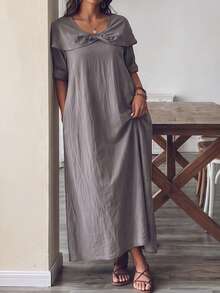 Lacomfia Women's Spring/Summer Casual Daily Lapel Design Mid-Sleeve Long Dress Fall - Dusty Blue - View 5