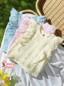 SHEIN Vintaside Kids 3件組彩色極簡田園風荷葉邊飾緹花布料荷葉領套頭T恤上衣，舒適休閒可愛，春夏新款 - 彩色 - 查看 3