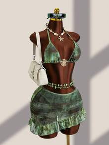 Swim Mod Women's Halter Neck Metal Trim, Vintage Gradient Print, Ruffle Asymmetric Pleated Skirt Swimsuit Set, Suitable For Beach Vacation Wear - Multicolor - View 4