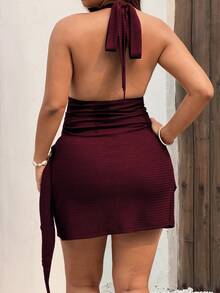 Sunnyshic Plus Size Burgundy Draped Neck Ruched Strap Metal Ring Sexy Dress - Burgundy - View 2